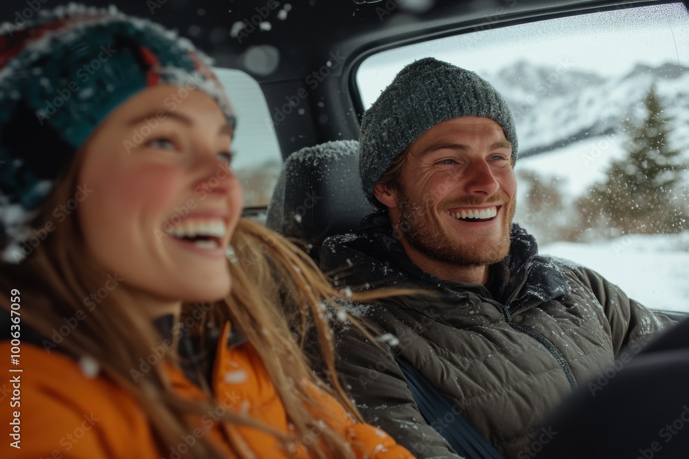 A joyful moment captured inside a snow-dusted car, as a couple laughs together, sharing warmth and happiness in the midst of a snowy adventure. A joyful moment captured inside a snow-dusted car, as a couple laughs together, sharing warmth and happiness in the midst of a snowy adventure.