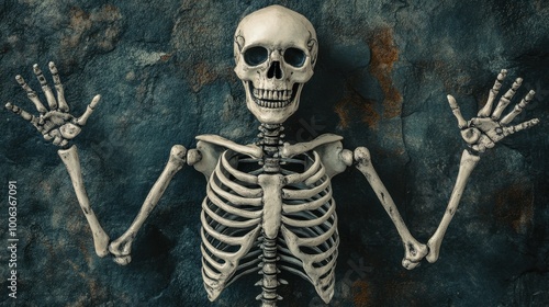 Classic skeleton in a spooky Halloween pose, isolated on a dark background for eerie effect photo