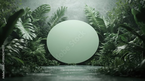 A large circular panel set against a dense backdrop of tropical foliage, evoking themes of mystery and exploration in an untouched natural environment. photo