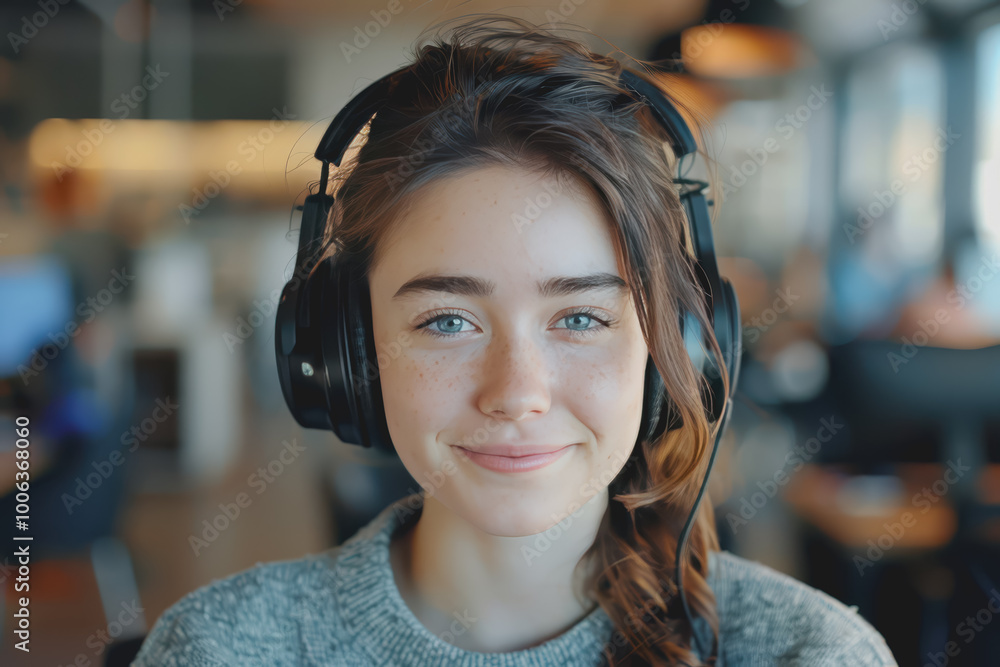 Webinars Cropped view of smiling young woman in headphones participating in a webinar in the office. Webinars Cropped view of smiling young woman in headphones participating in a webinar in the office.