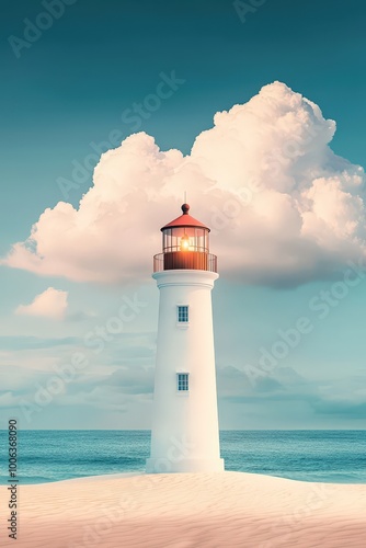 A stunning coastal lighthouse stands tall against a backdrop of fluffy clouds and serene ocean waters, evoking a sense of calm and beauty.