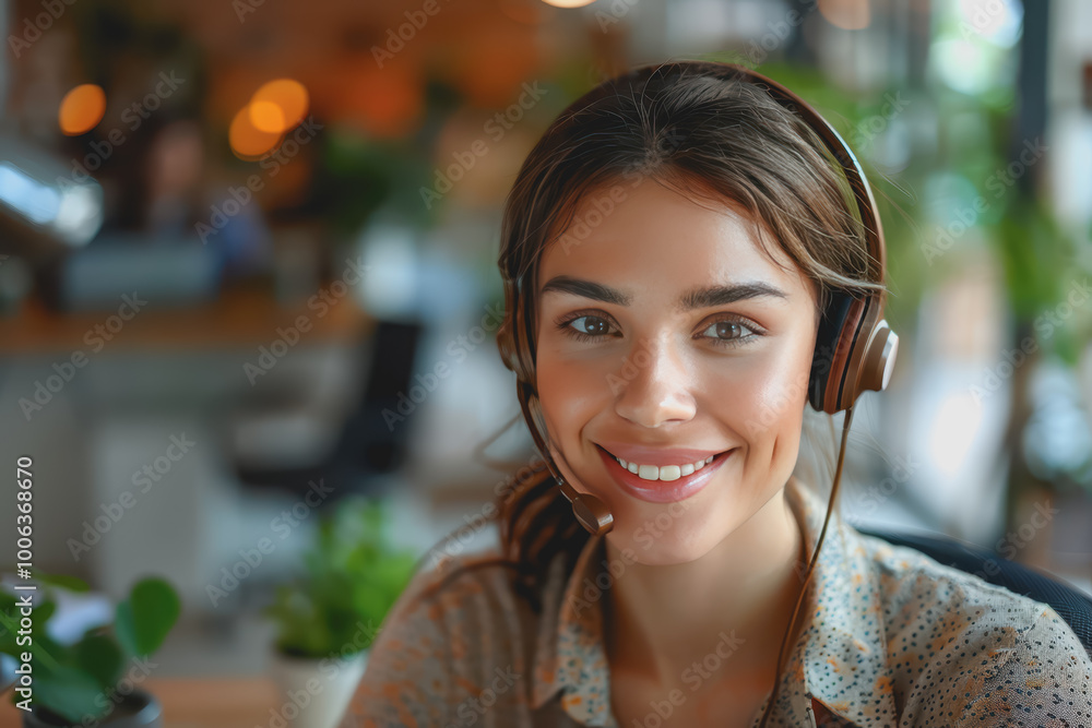 Webinars Cropped view of smiling young woman in headphones participating in a webinar in the office. Webinars Cropped view of smiling young woman in headphones participating in a webinar in the office.