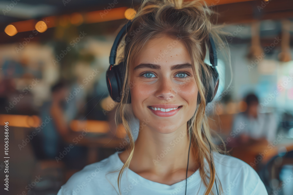 Webinars Cropped view of smiling young woman in headphones participating in a webinar in the office. Webinars Cropped view of smiling young woman in headphones participating in a webinar in the office.