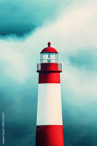 A striking red and white lighthouse stands tall against a dramatic cloudy sky, symbolizing hope and guidance for sailors navigating the coast.