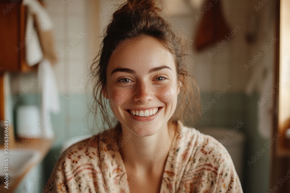 A cheerful woman in a floral robe smiles warmly in a cozy kitchen setting, surrounded by soft natural light and homey elements for a comforting ambiance. A cheerful woman in a floral robe smiles warmly in a cozy kitchen setting, surrounded by soft natural light and homey elements for a comforting ambiance.
