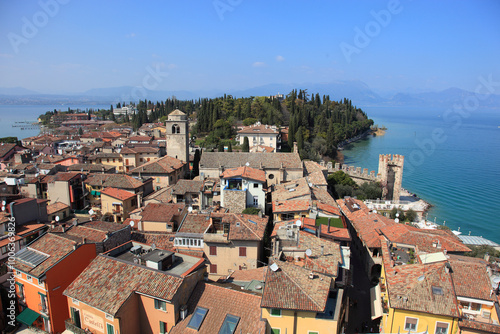 General view of the old town of Sirmione on the southern shore of Lake Garda, Province of Brescia, Lombardy, Italy photo