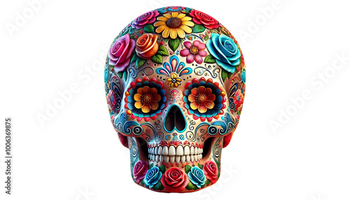 A vibrant sugar skull adorned with colorful floral patterns, representing the spirit of Día de los Muertos, celebrating life, death, and Mexican tradition. transperant background, generative ai