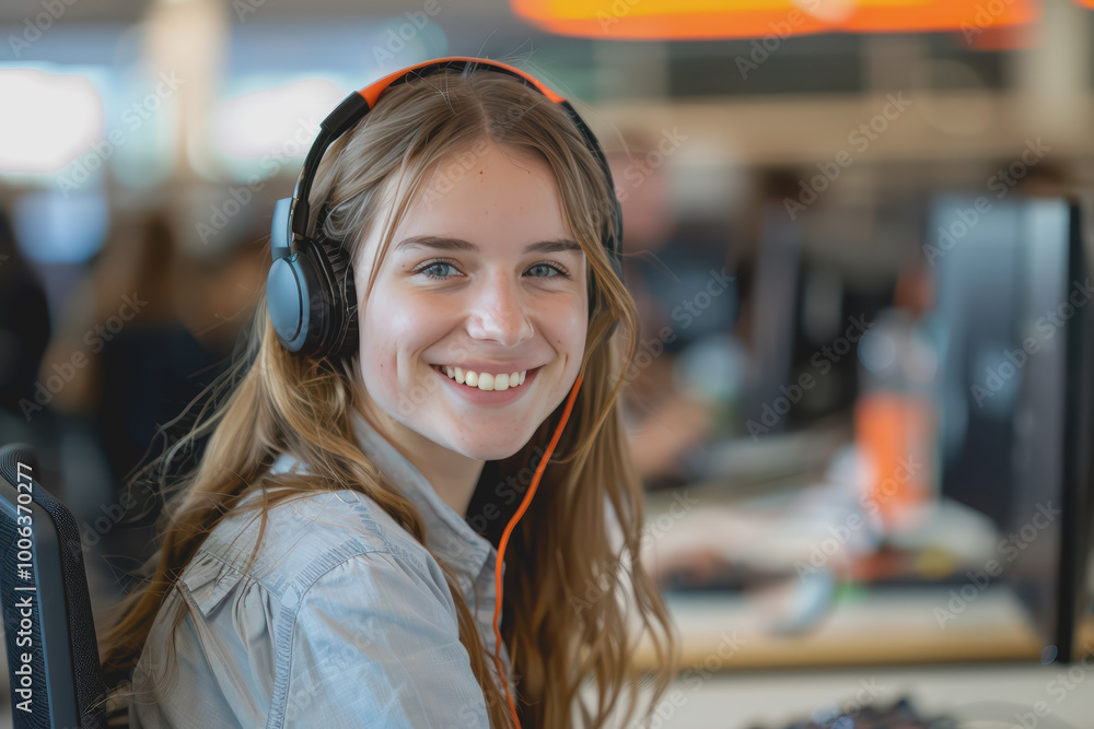 Webinars Cropped view of smiling young woman in headphones participating in a webinar in the office. Webinars Cropped view of smiling young woman in headphones participating in a webinar in the office.