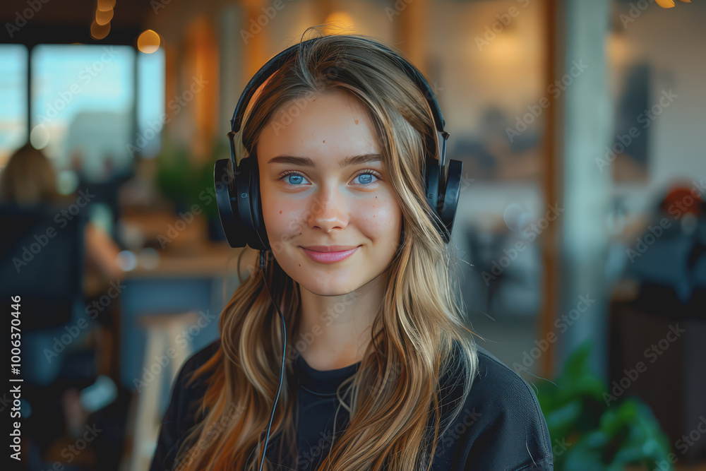 Webinars Cropped view of smiling young woman in headphones participating in a webinar in the office. Webinars Cropped view of smiling young woman in headphones participating in a webinar in the office.