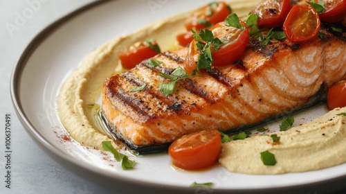 Close-up of a grilled salmon steak served with hummus and fresh tomatoes on a white plate, elegant presentation of a healthy meal.