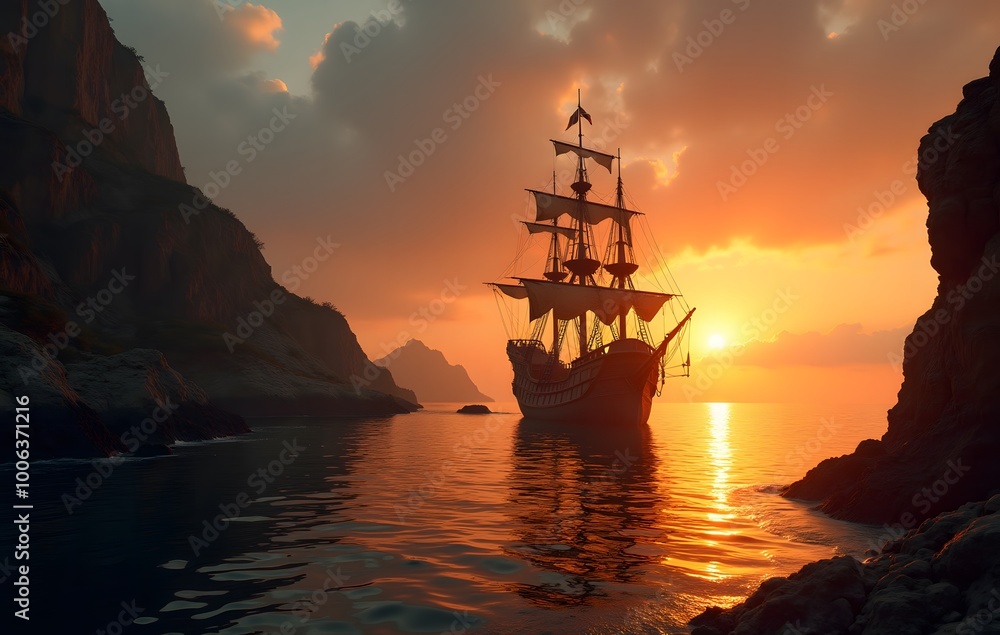 Fototapeta premium Majestic sailing ship silhouette against dramatic golden sunset seascape
