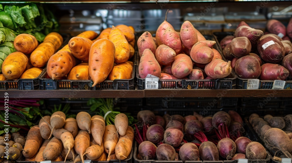 A display of fresh, orange sweet potatoes and purple beets is arranged on a supermarket shelf. A display of fresh, orange sweet potatoes and purple beets is arranged on a supermarket shelf.