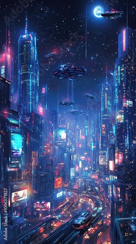 An isometric illustration of a sprawling futuristic city skyline at night. photo