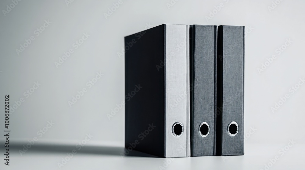 A minimalist composition of three sleek folders in monochrome colors, isolated on white, ideal for a sophisticated office look A minimalist composition of three sleek folders in monochrome colors, isolated on white, ideal for a sophisticated office look
