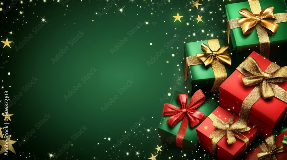 Festive gift boxes decorated with golden bows, surrounded by a green background and shimmering stars, perfect for Christmas celebrations. Festive gift boxes decorated with golden bows, surrounded by a green background and shimmering stars, perfect for Christmas celebrations.