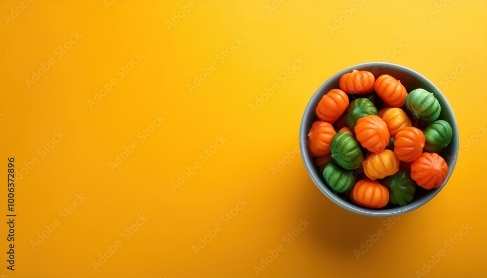 Festive Halloween Candy Pumpkins in a Bowl on a Bright Yellow Background. Autumnal Sweet Treats Perfect for Seasonal Celebrations and Spooky Decor, Featuring Vibrant Orange with Green Stems