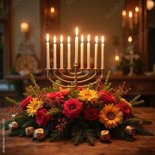 Festive Hanukkah menorah centerpiece with vibrant floral arrangement on rustic wooden table photo