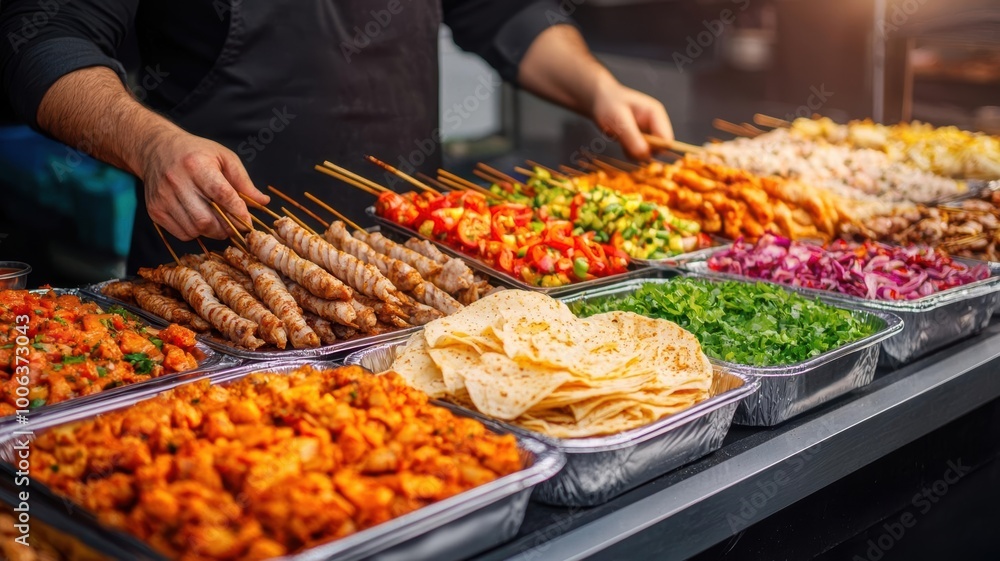 Halal food stall at a bustling bazaar, skewers, shawarma, and flatbreads on display, warm golden glow from the lamps, Islamic decor surrounding, Halal bazaar food, Vibrant culture Halal food stall at a bustling bazaar, skewers, shawarma, and flatbreads on display, warm golden glow from the lamps, Islamic decor surrounding, Halal bazaar food, Vibrant culture