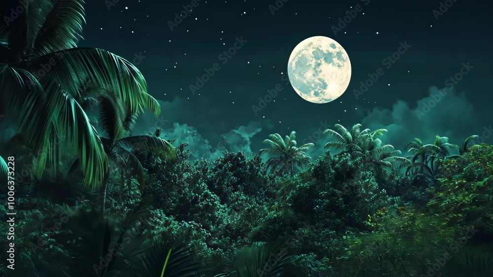 The full moon shines brightly over a lush, tropical jungle at night The full moon shines brightly over a lush, tropical jungle at night