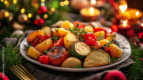 Roasted vegetables: Seasonal vegetables roasted with olive oil and herbs, often served as a side dish, front view hanukkah holiday background photo