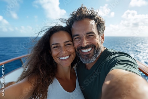 A happy couple takes a selfie on the deck of a boat, capturing their joyful expressions against the vast expanse of the ocean under a clear blue sky.