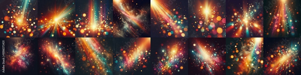 Obraz premium Blurred colorful warm rainbow light flares on a black background with a dust texture. AI generated illustration