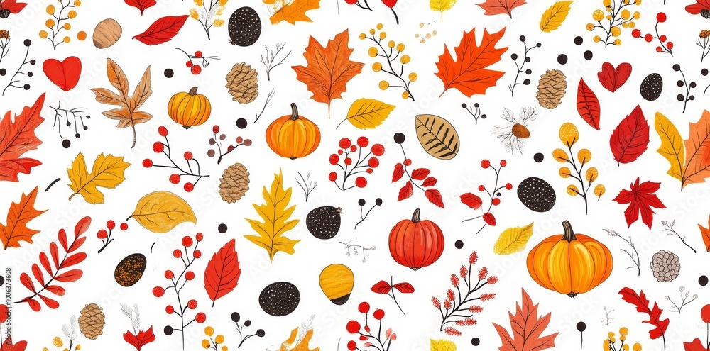 An autumn seamless pattern with pumpkins, plants, leaves, and acorns An autumn seamless pattern with pumpkins, plants, leaves, and acorns