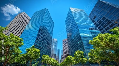 modern city skyline featuring reflective glass skyscrapers and corporate office buildings, offering a glimpse of contemporary urban architecture and a dynamic business environment