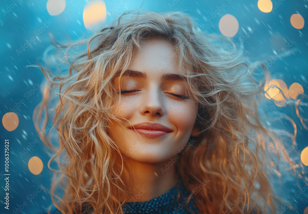 Beautiful, smiling blonde woman with wet hair, a happy and joyful facial expression, her curly hair blowing in the wind Beautiful, smiling blonde woman with wet hair, a happy and joyful facial expression, her curly hair blowing in the wind