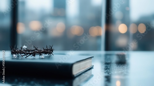 An evocative still life image showcasing a crown of thorns resting on a closed book with a cityscape backdrop, conveying themes of sacrifice and introspection. photo