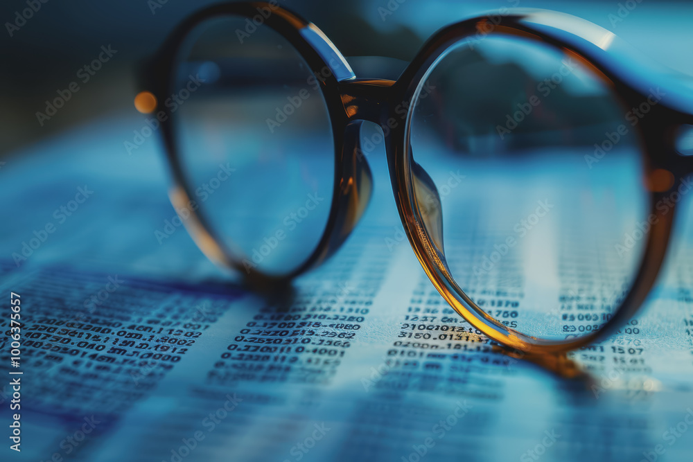 Stock market compliance audit close-up focus on bright tones thorough inspection.