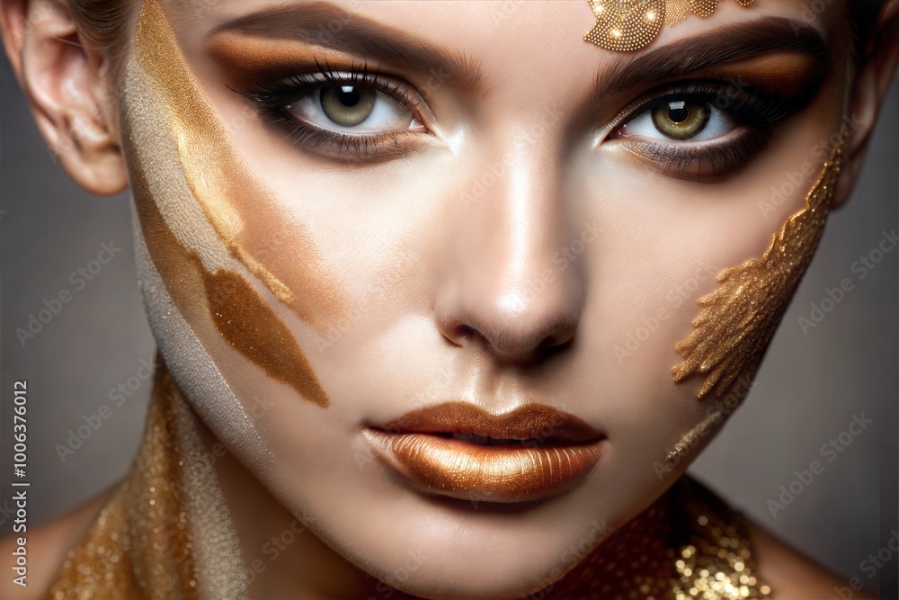 Close-up portrait of woman with golden makeup and jewelry Close-up portrait of woman with golden makeup and jewelry