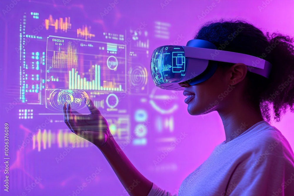 A young woman wearing a VR headset interacts with a virtual interface, surrounded by holographic data visualizations. A young woman wearing a VR headset interacts with a virtual interface, surrounded by holographic data visualizations.