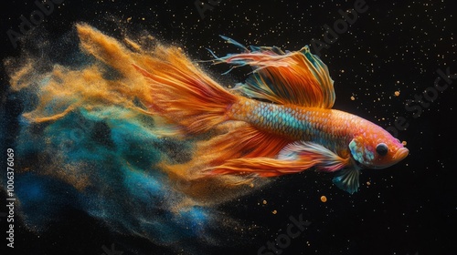 A vibrant goldfish swims through a starry cosmos, its colorful fins trailing like wisps of cosmic dust. photo