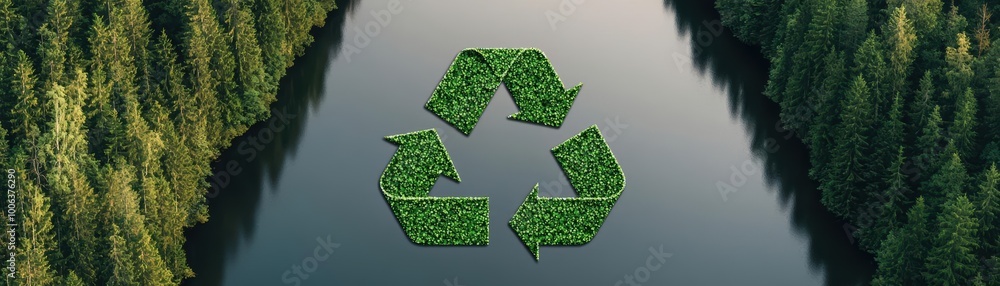 Circular economy concept with recycling symbols integrated into a nature landscape, sustainable resources, eco-friendly economy Circular economy concept with recycling symbols integrated into a nature landscape, sustainable resources, eco-friendly economy