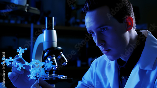 Scientist in lab coat holding molecular model of serotonin receptor, with microscope and scientific instruments, highlighting the significance of neuroscience research. photo