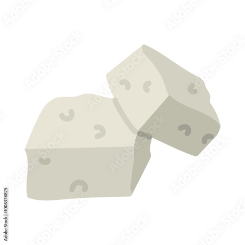 flat feta cheese in the form of rectangular cubes, highlighted on white. Milk porous product, several cubes, slices in a group. White Greek curd cheese made from sheep's milk, beans