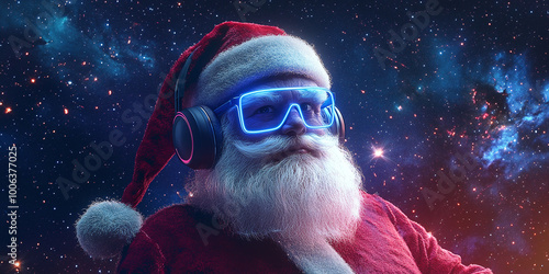 Fototapeta Naklejka Na Ścianę i Meble -  Tender Santa Claus with blue neon glasses and headphones, red suit, white beard, background of space with stars