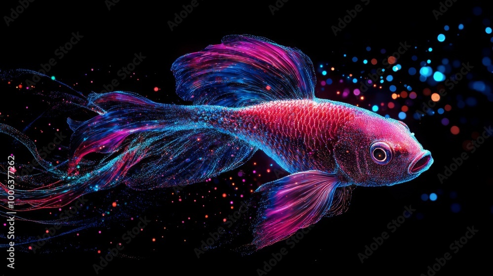 Fototapeta premium A vibrant, colorful fish swimming through a dark background, surrounded by sparkling particles, creating a magical and ethereal atmosphere.