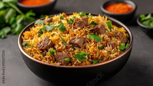 Halal beef biryani served in a copper dish