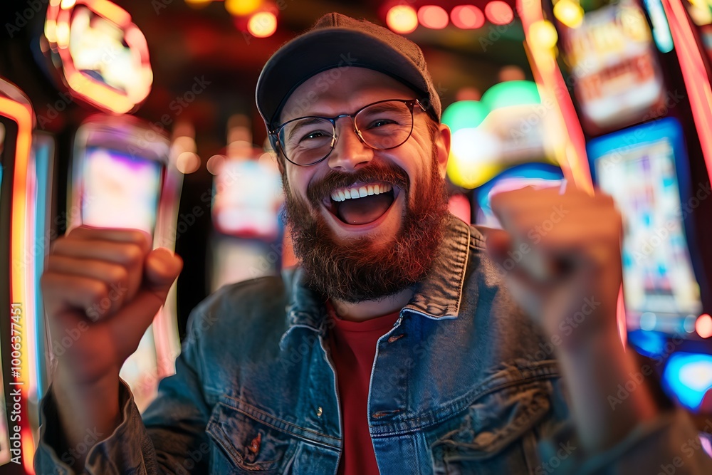 Fototapeta premium Young man winning poker casino in a dark night club