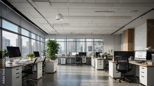 Modern office background with blurred desks, computers, and chairs, creating a bright, professional atmosphere with natural lighting and subtle decor elements.