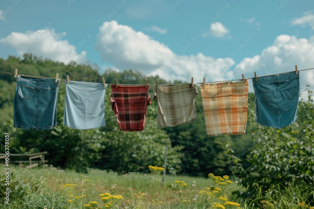 view of clothes hanging on a clothesline outdoors. Shirts, jeans, and bedsheets view of clothes hanging on a clothesline outdoors. Shirts, jeans, and bedsheets