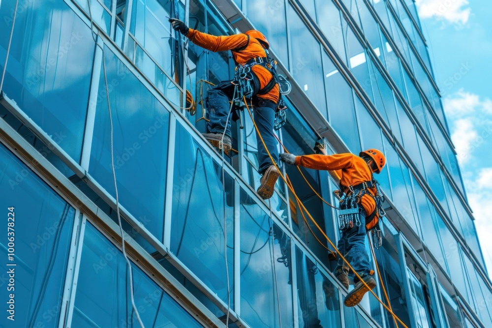 Fototapeta premium window cleaners clean huge windows in skyscrapers