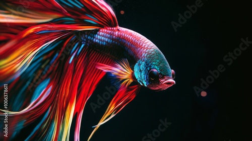 A vibrant, colorful betta fish with flowing fins swimming against a dark background, showcasing its striking patterns and hues. photo