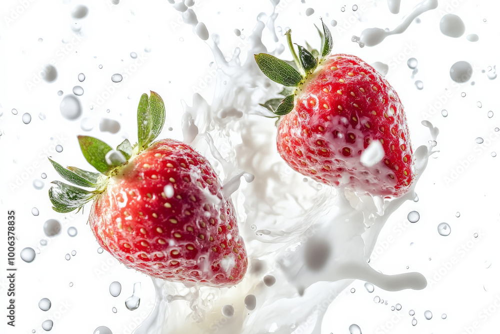 A pair of strawberries caught mid-air with milk swirling and splashing around them, droplets frozen in time, creating a vibrant and fresh look against a bright white background. A pair of strawberries caught mid-air with milk swirling and splashing around them, droplets frozen in time, creating a vibrant and fresh look against a bright white background.