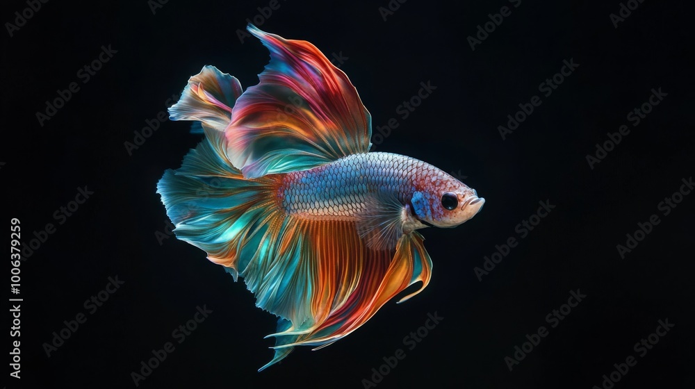 A vibrant betta fish displays stunning colors and flowing fins against a dark background, creating a mesmerizing underwater scene. A vibrant betta fish displays stunning colors and flowing fins against a dark background, creating a mesmerizing underwater scene.