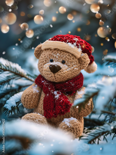 Merry Christmas and Happy New Year. Knitted cute teddy bear in a red hat and scarf. Winter, snowfall. Teddy bear sits on the branches of a snow-covered Christmas tree.