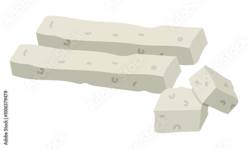 flat slices and cubes of rectangular-shaped feta cheese are sliced, highlighted on white. Milk porous product with sliced long slices and cubes. White Greek curd cheese made from sheep's milk, beans