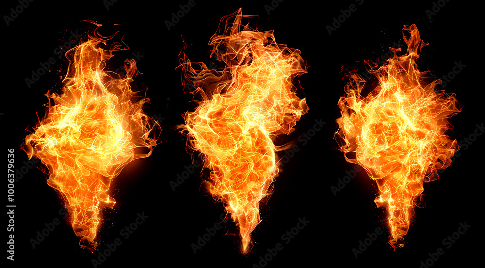 Fototapeta premium Realistic burning fire flames set on black background